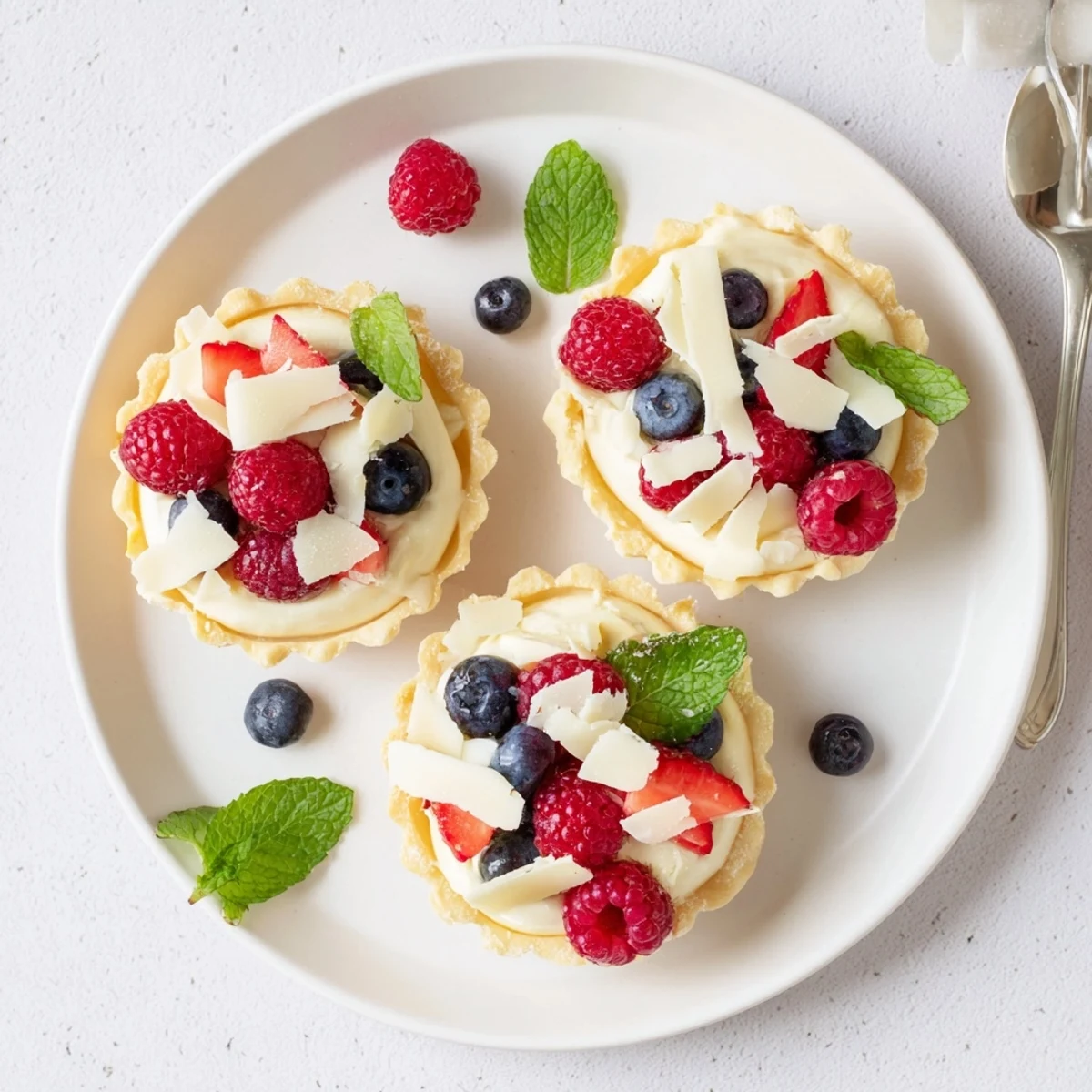 Golden tartlet shells filled with creamy white chocolate mousse topped with fresh raspberries and blueberries