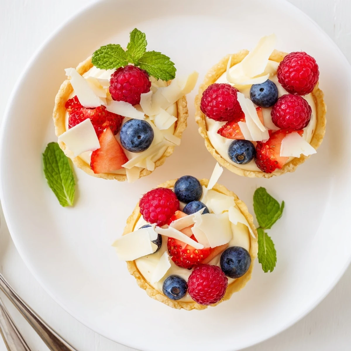 Silky white chocolate mousse in crisp pastry shells garnished with mixed berries and mint leaves