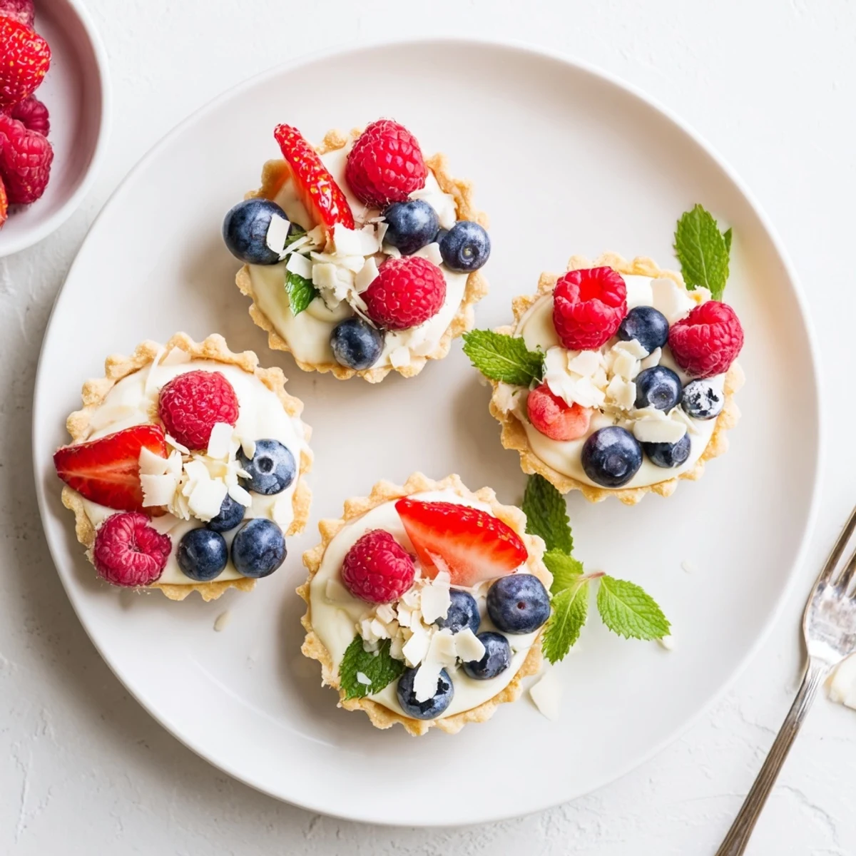 Elegant French dessert featuring smooth white chocolate filling in buttery tart crusts with strawberries