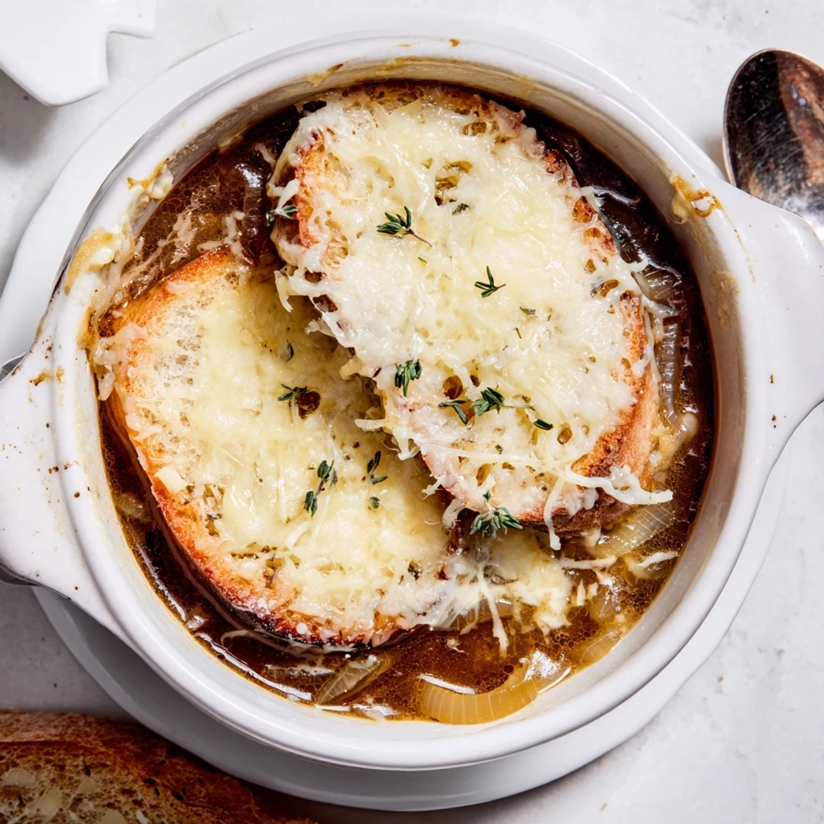 Golden French onion soup bubbling under broiled Gruyère cheese with crusty bread topping
