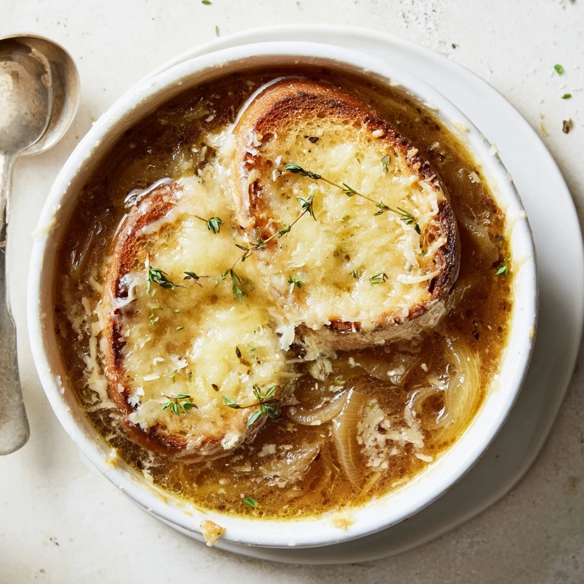 Rich caramelized onion simmered soup topped with melted cheese and toasted French baguette slices