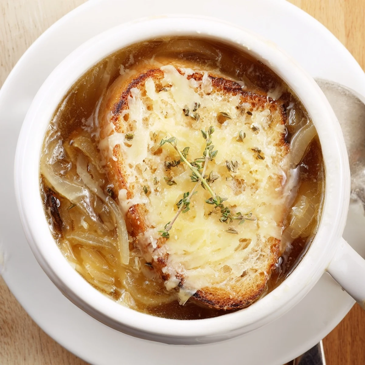 Classic French onion soup in oven-safe bowl with golden bubbly Gruyère and bread croutons