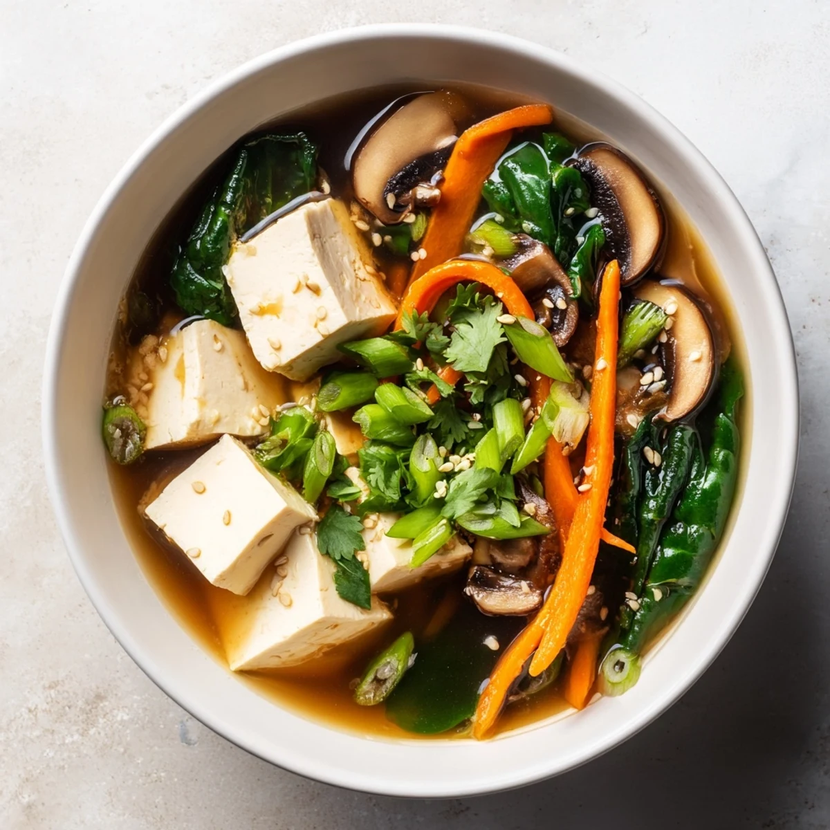 Steaming bowl of warm tofu soup featuring carrots, green onions, and golden sesame seed garnish