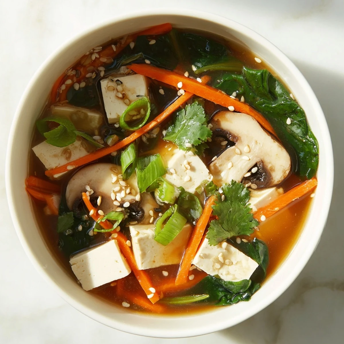 Creamy warm tofu soup with silken cubes, sliced mushrooms, and vibrant spinach in savory broth