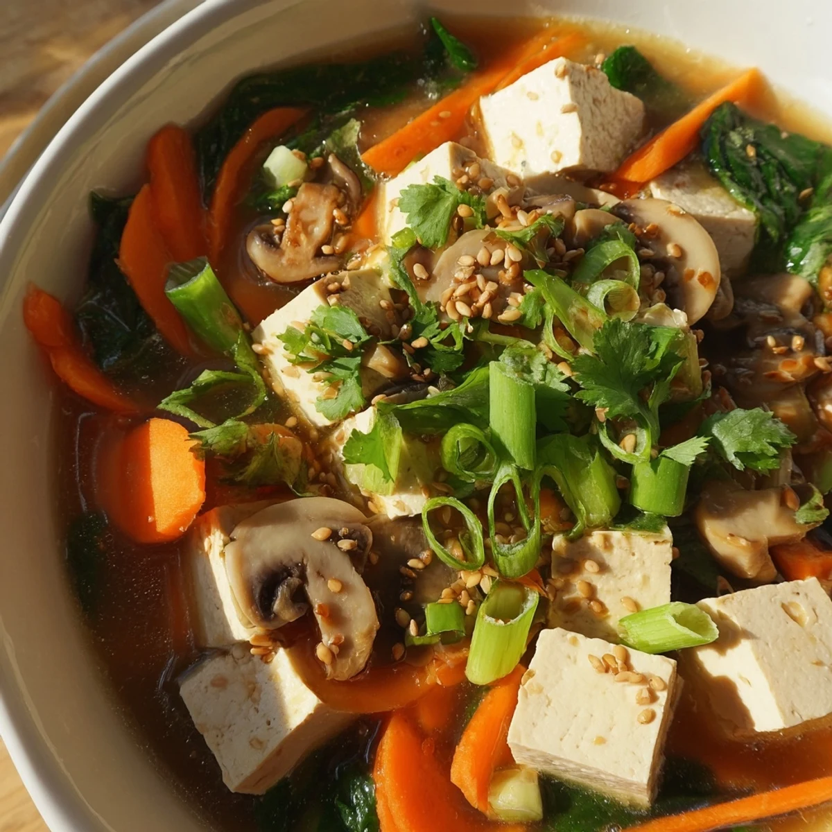 Comforting warm tofu soup filled with tender vegetables and aromatic ginger in miso-infused broth