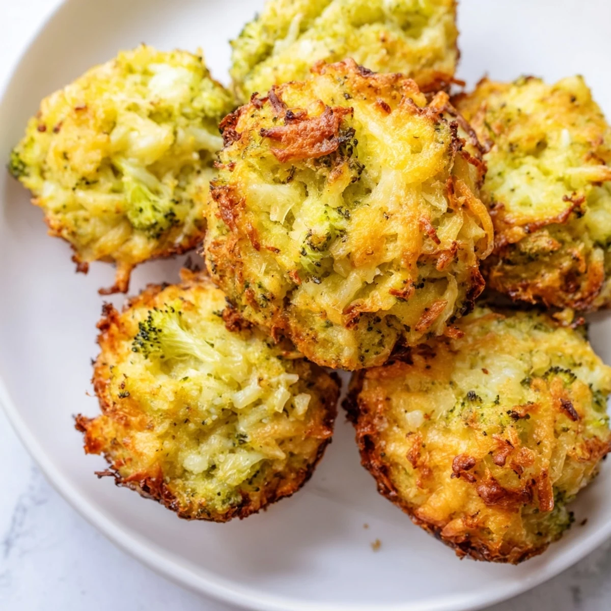 Golden brown baked broccoli and cheese balls with crispy exteriors and melted cheddar centers on a white plate