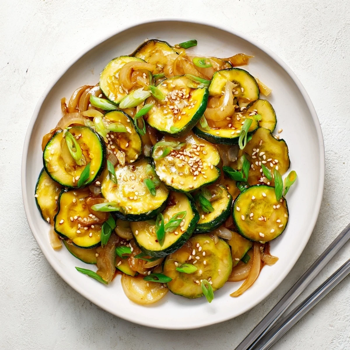 Vibrant green zucchini stir fried with sweet onions in a glossy Japanese vegetable medley
