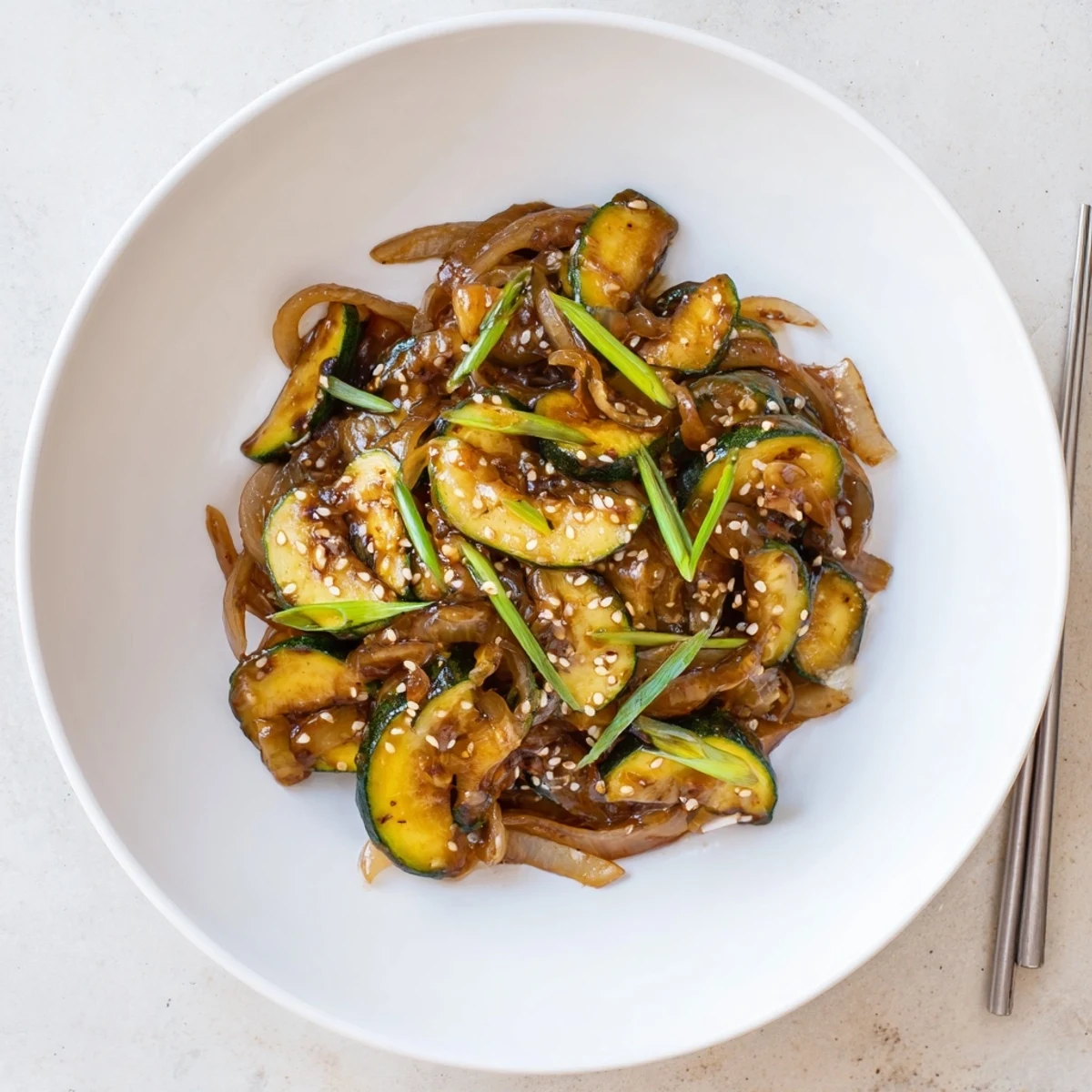 Golden zucchini half-moons and translucent onions glistening in savory Japanese soy sesame sauce
