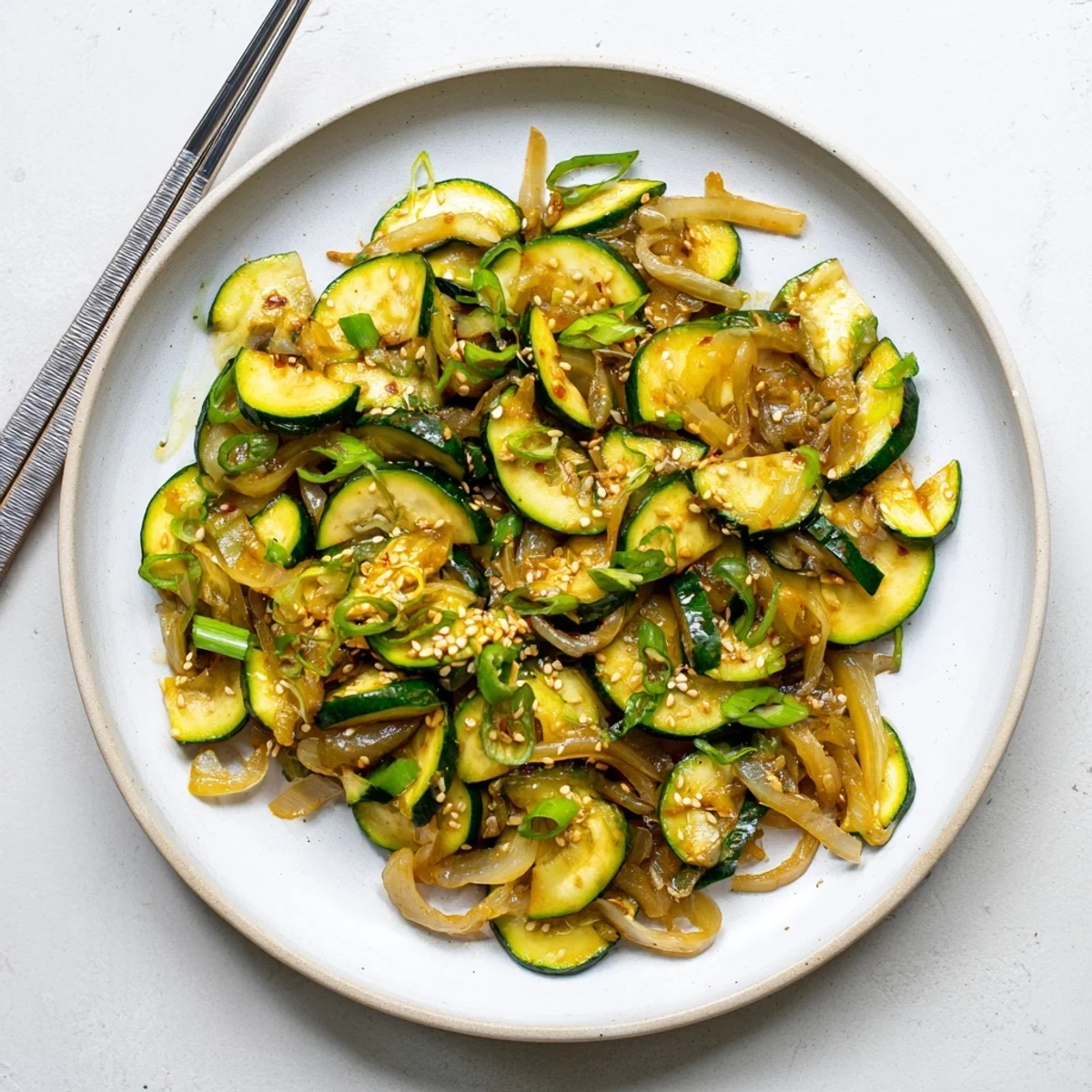 Tender crisp zucchini and caramelized onions tossed in aromatic mirin soy glaze with sesame seeds