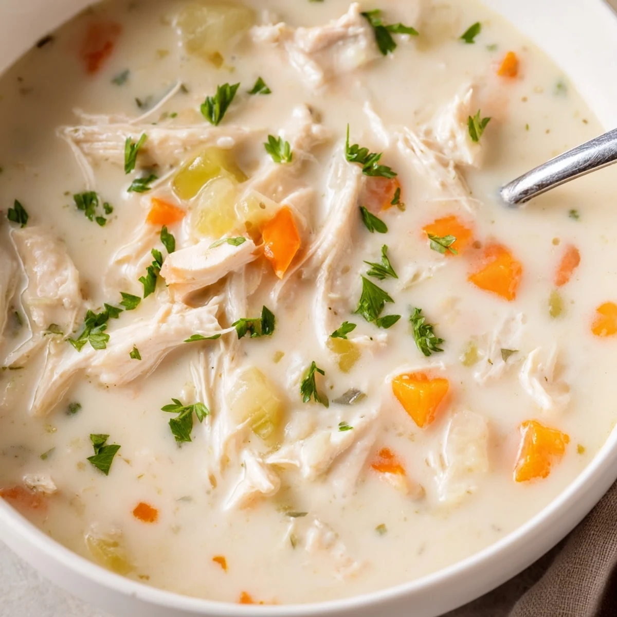 Cream of chicken soup featuring tender shredded chicken pieces in a velvety white broth with fresh parsley garnish