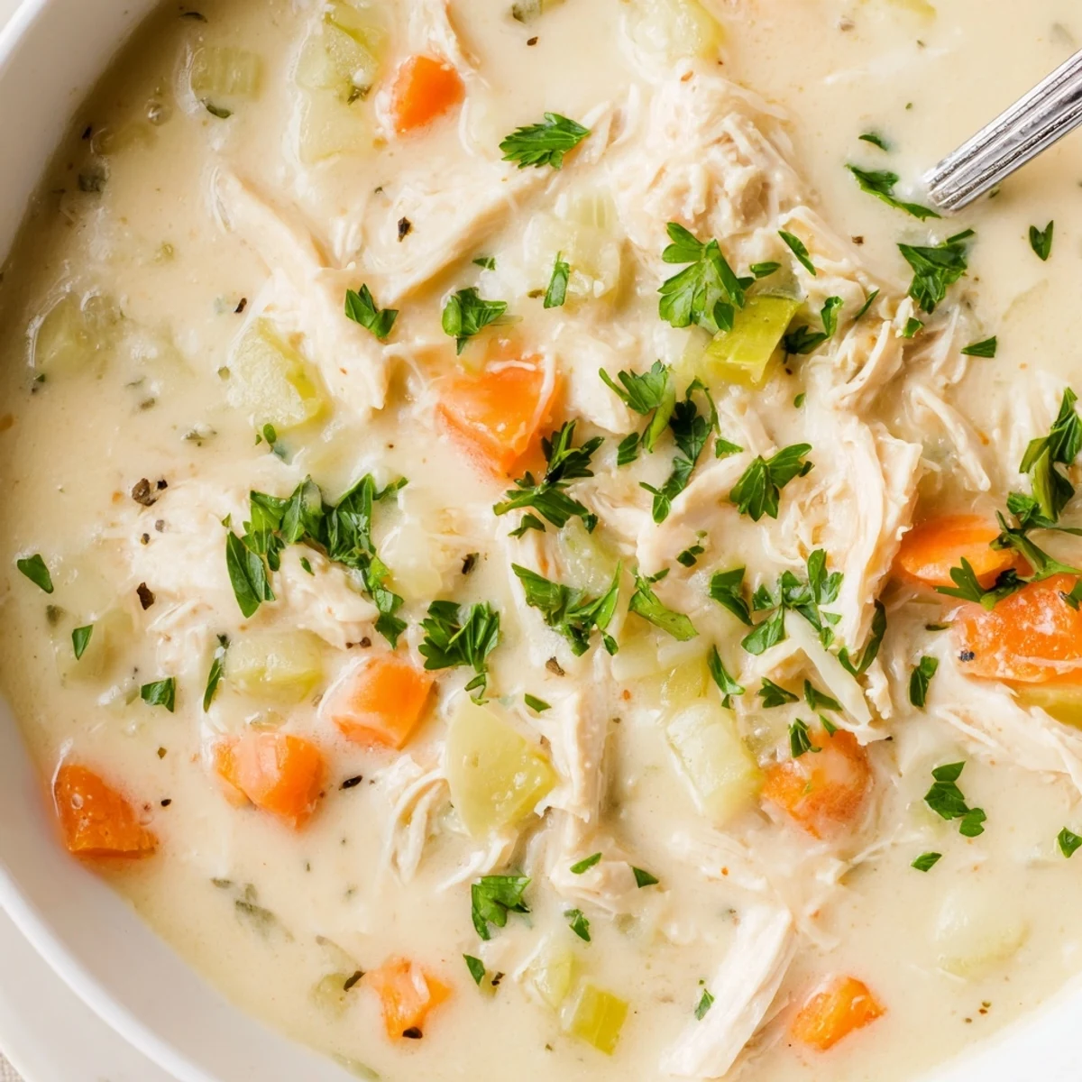 Savory cream of chicken soup served in a white bowl with colorful diced carrots and celery visible