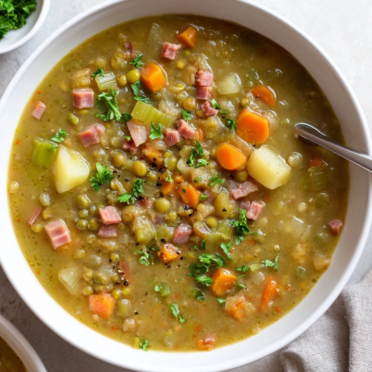 Golden bowl of hearty split pea soup with diced vegetables and fresh parsley garnish