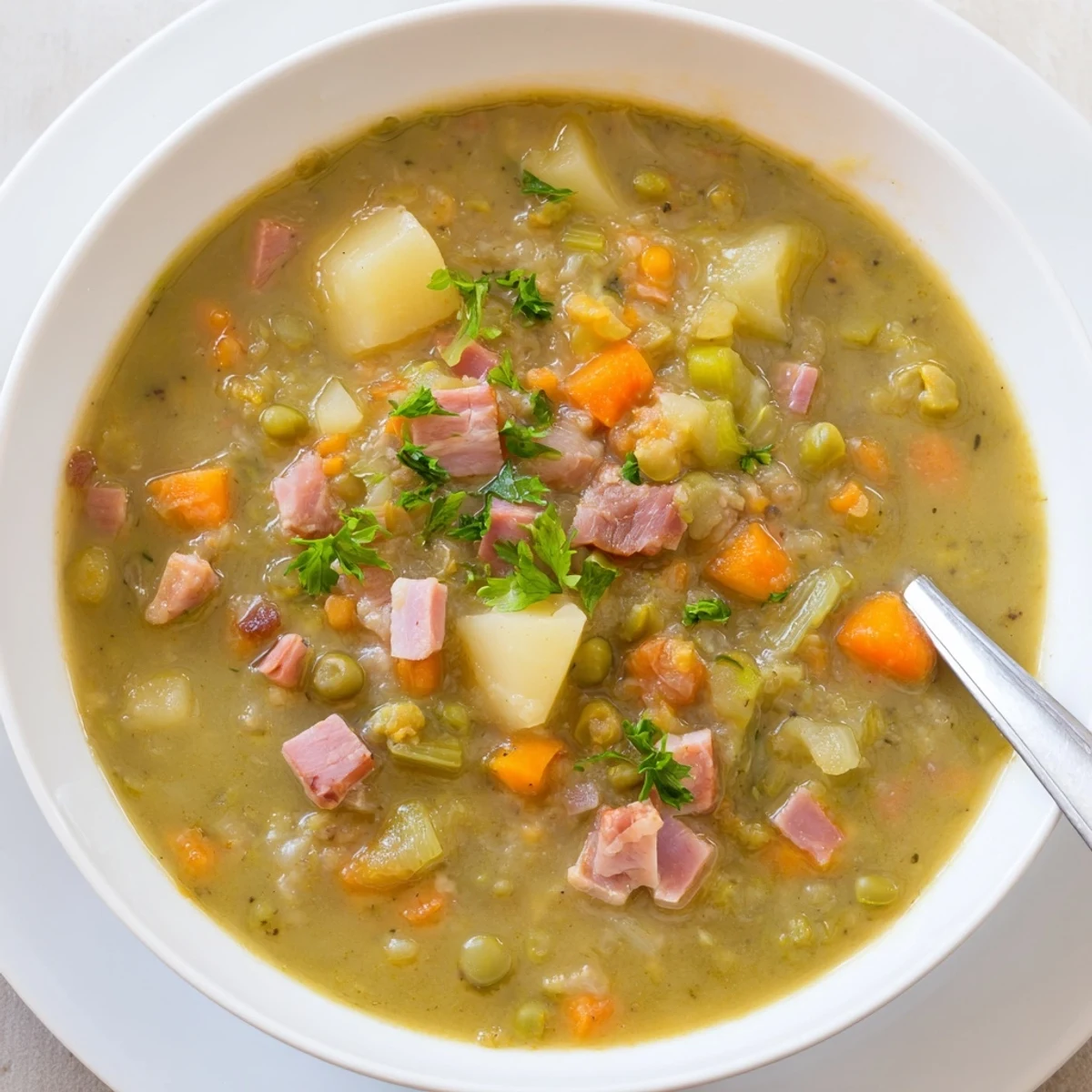 Creamy hearty split pea soup simmered with smoked ham hock and rustic crusty bread