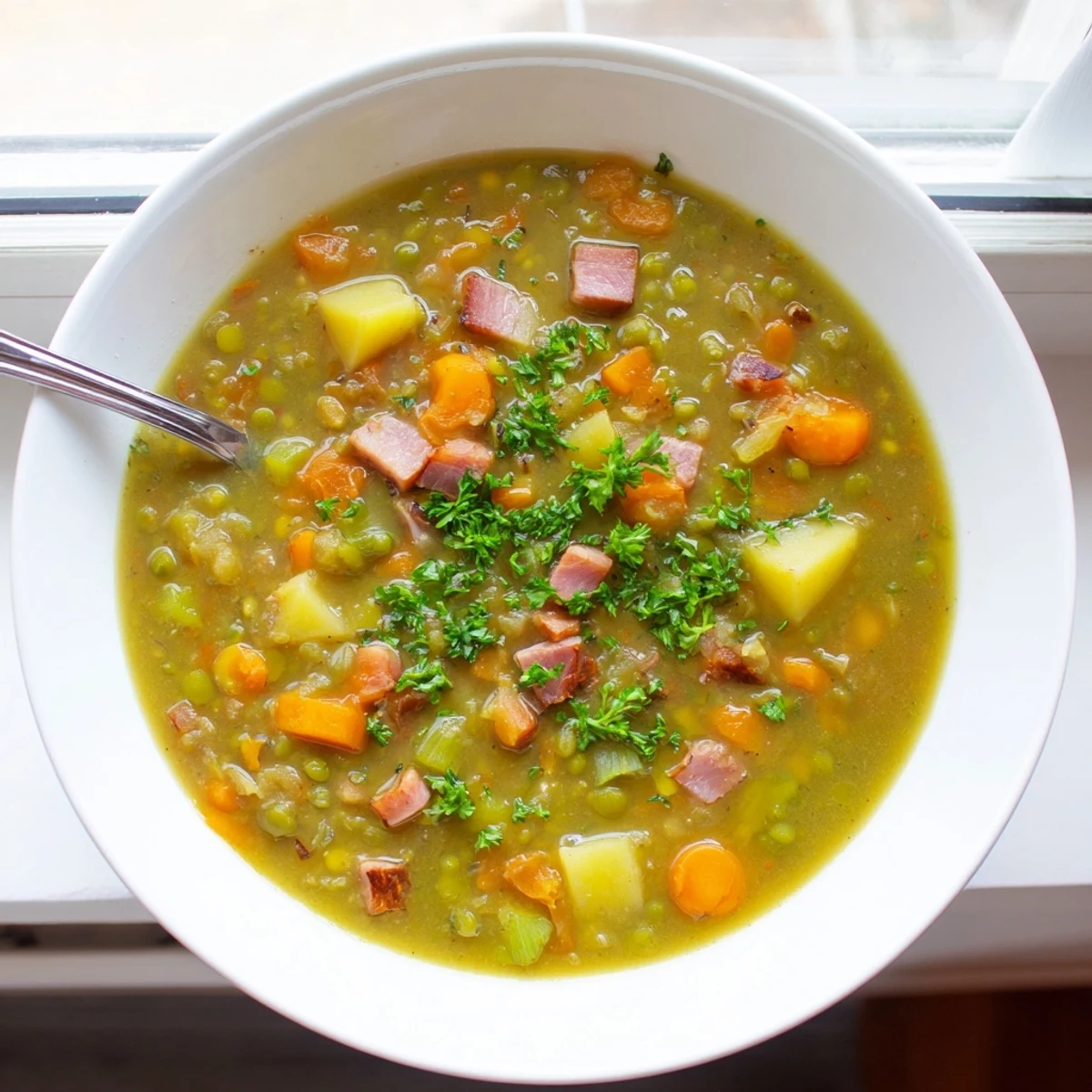 Thick comforting hearty split pea soup with colorful carrots and celery in white bowl