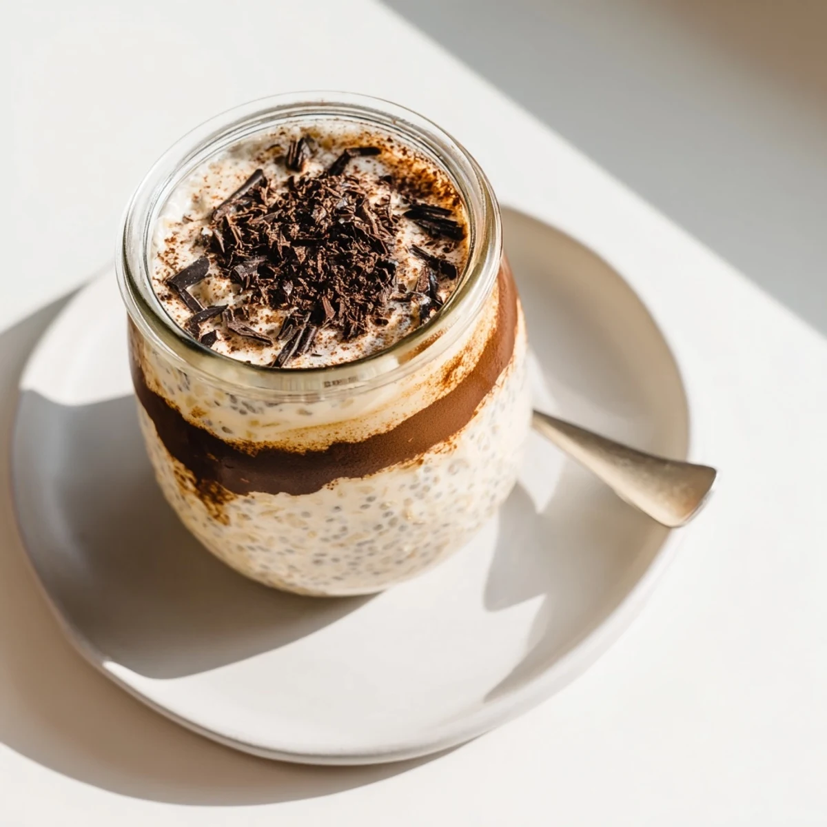 Creamy tiramisu overnight oats layered with espresso, mascarpone, and dusted cocoa powder in glass jars
