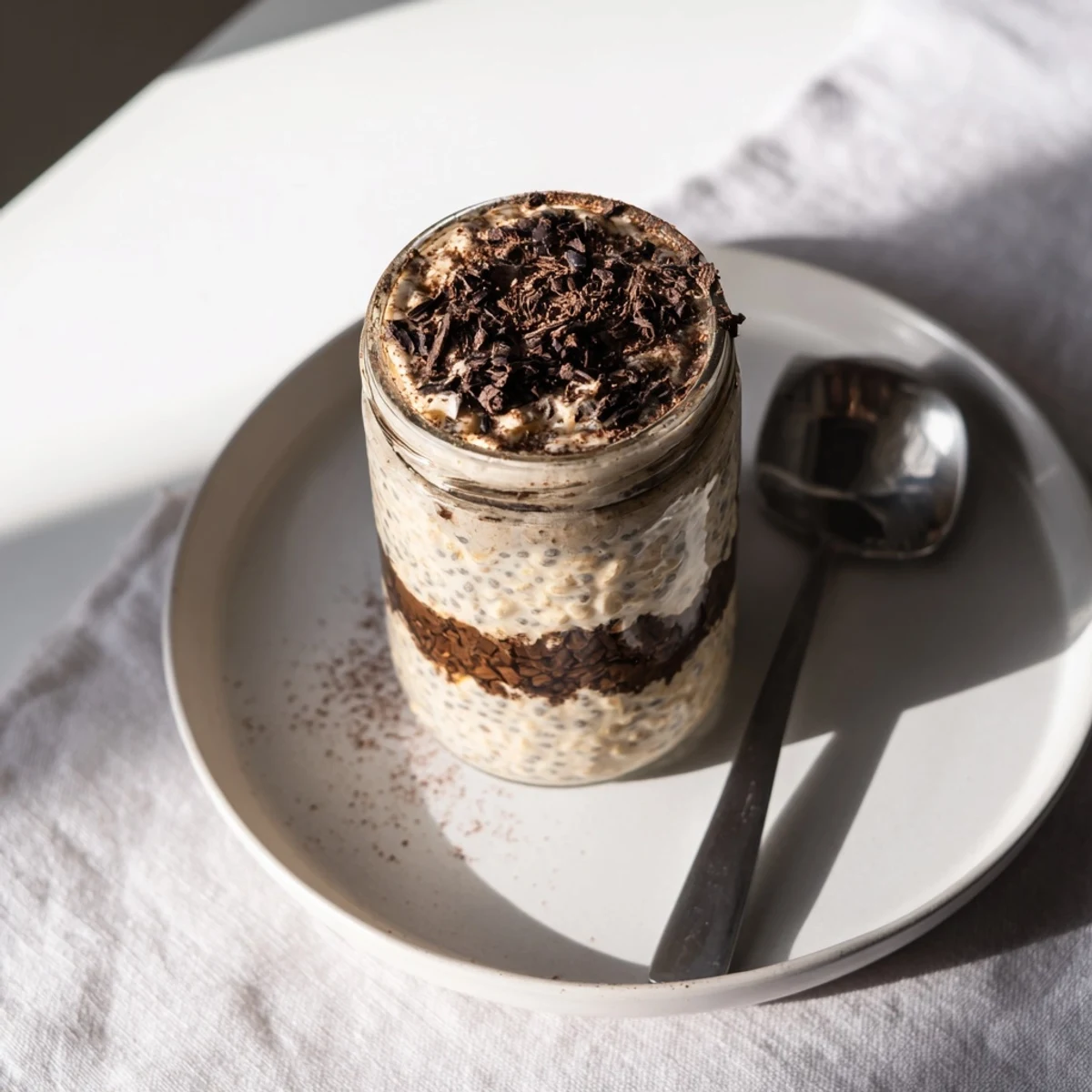 Decadent breakfast bowl featuring tiramisu overnight oats topped with dark chocolate shavings and rich coffee swirls