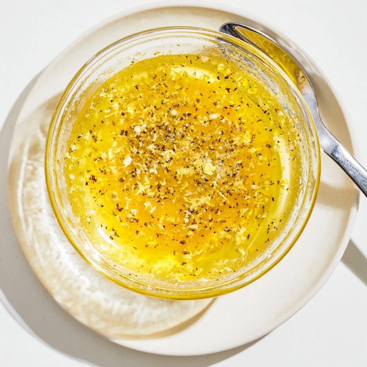 Zesty bright lemon vinaigrette dressing whisked in a glass jar with visible olive oil swirl
