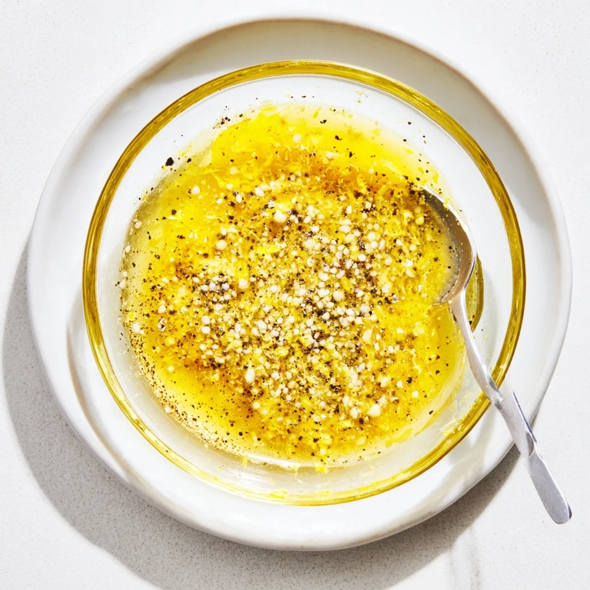 Creamy bright lemon vinaigrette dressing spooned atop crisp salad with cherry tomatoes and cucumber slices