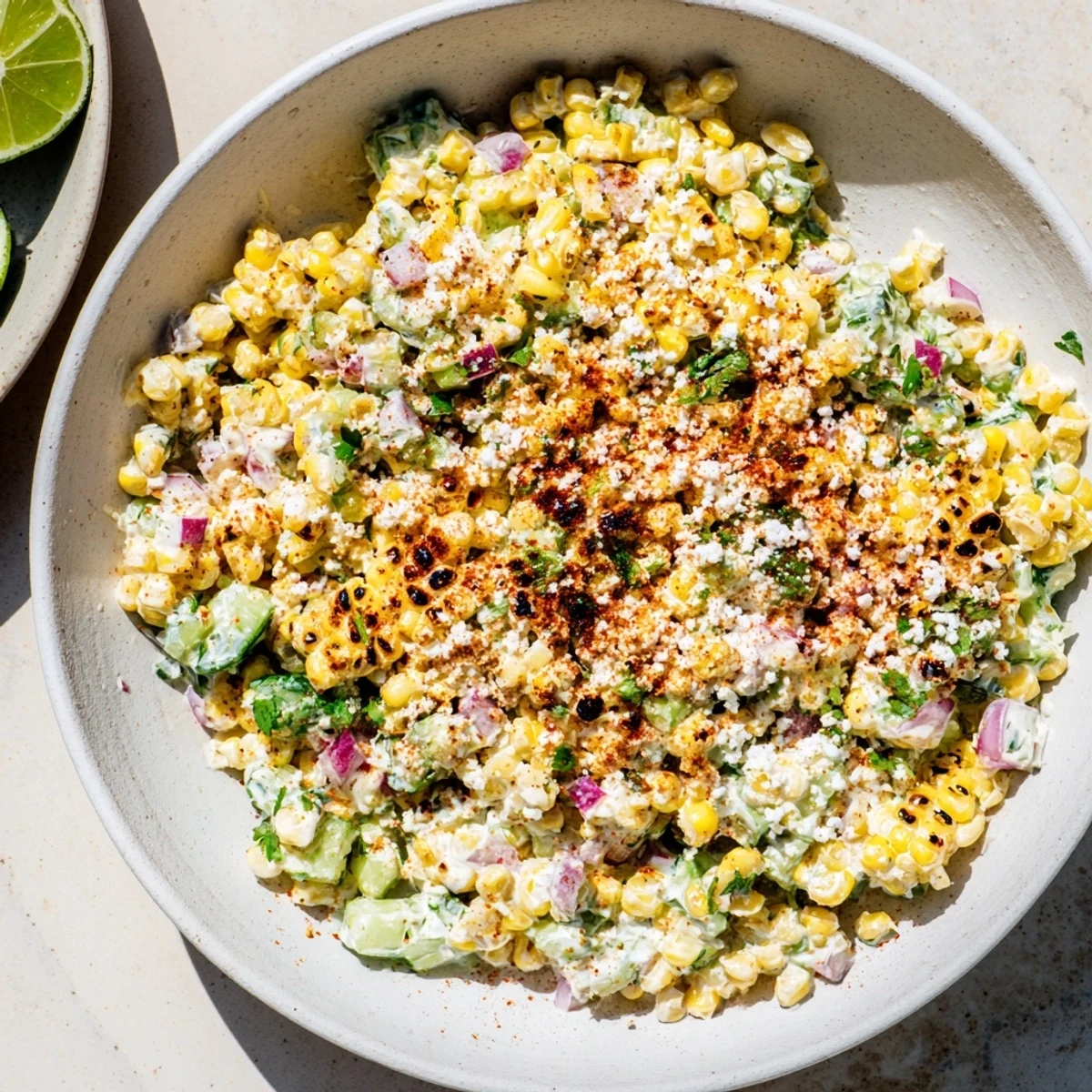 Colorful bowl of street corn creamy cucumber salad topped with crumbled cotija cheese and fresh cilantro.