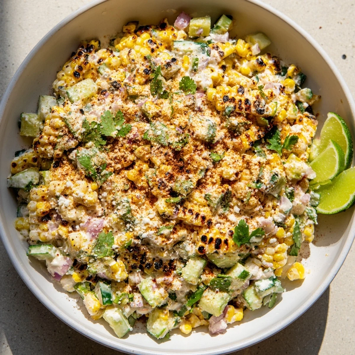 Vibrant Mexican-inspired salad featuring charred corn, crisp cucumbers in tangy creamy dressing sprinkled with chili powder.