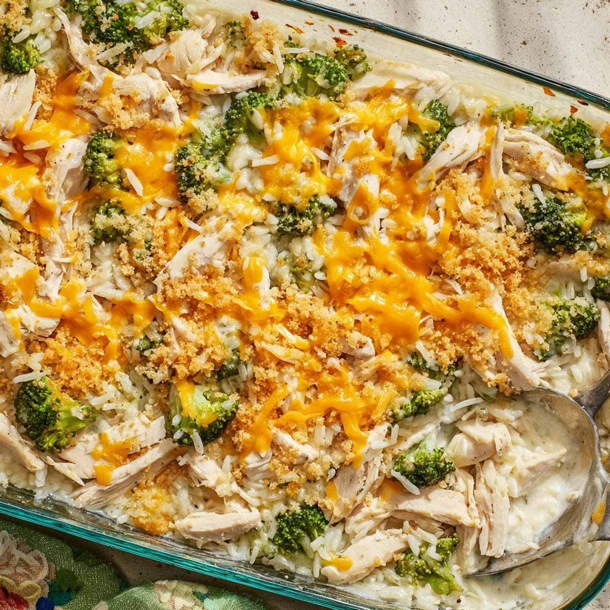 Golden chicken broccoli casserole with melted cheddar and crispy buttered panko topping