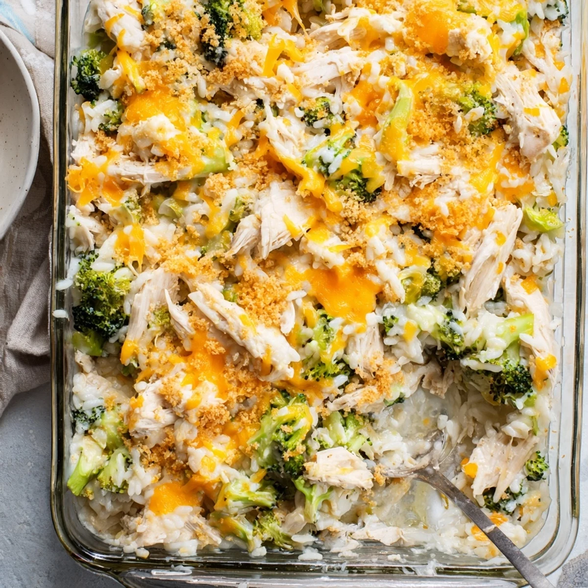 Scoop of cheesy chicken broccoli casserole showing tender broccoli and shredded chicken pieces