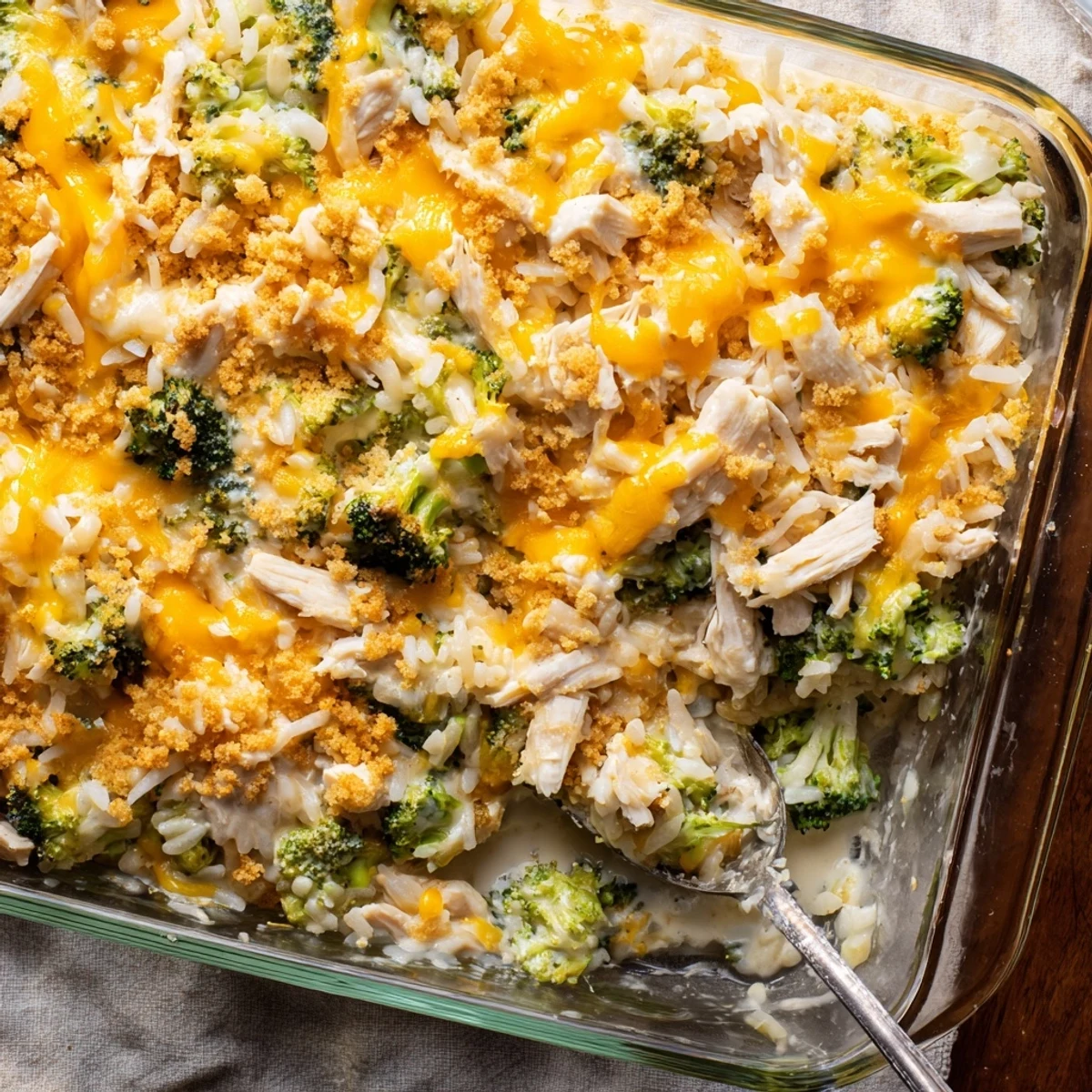 Creamy baked chicken broccoli casserole bubbling in a white ceramic serving dish