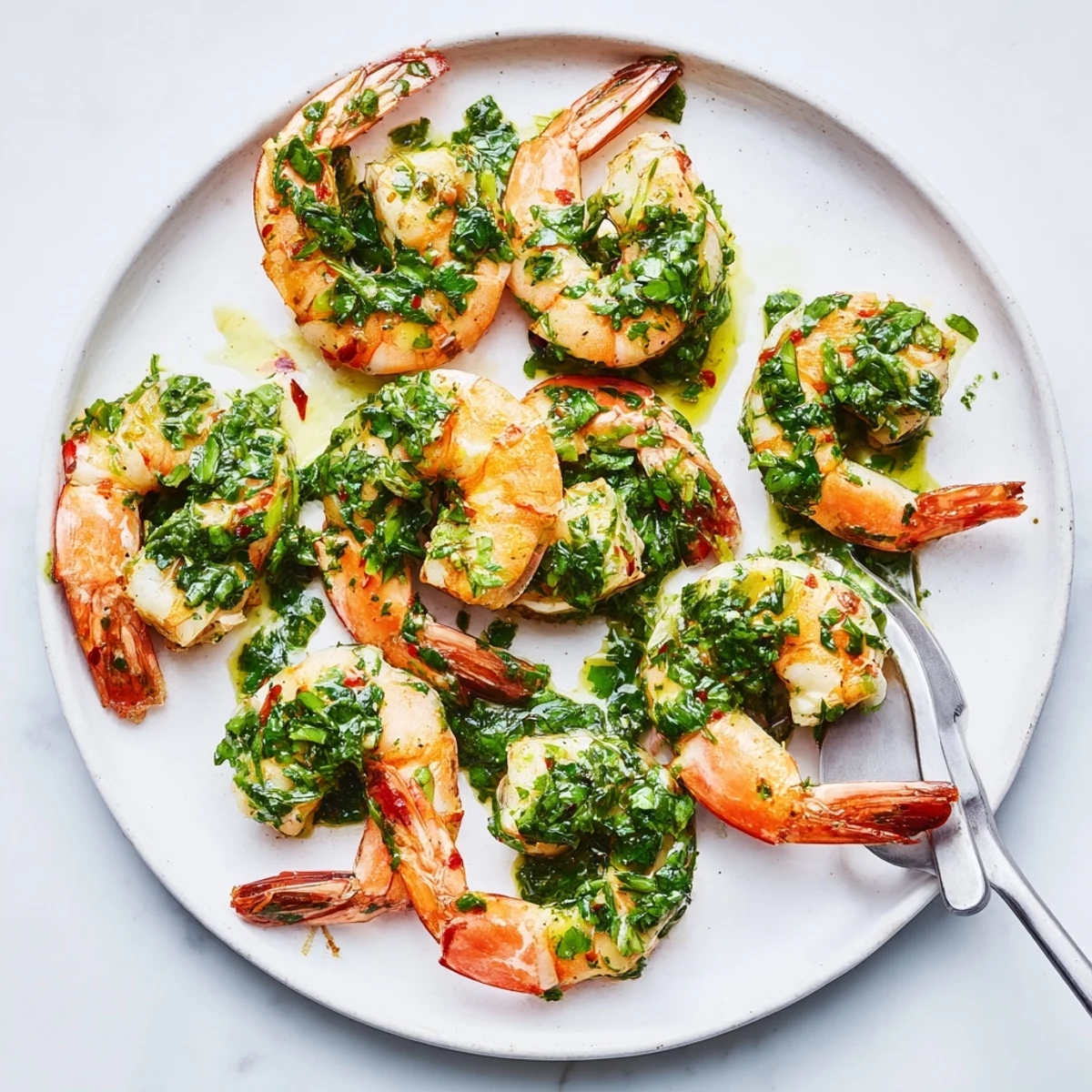 Golden pan seared chimichurri shrimp drizzled with vibrant green herb sauce on white plate