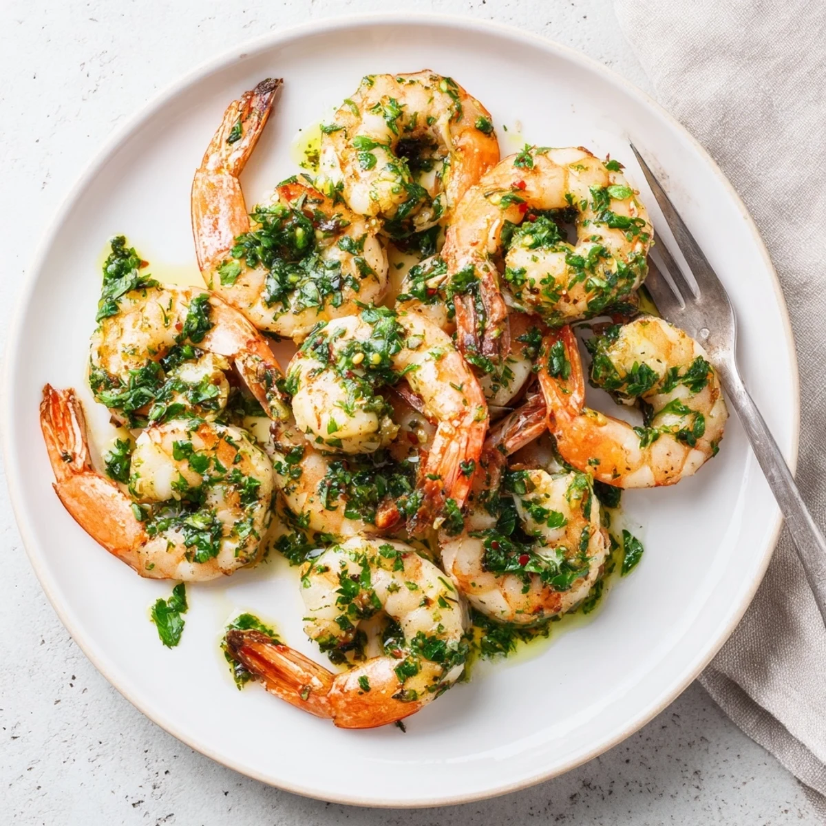 Plump seared shrimp tossed with homemade chimichurri sauce, garnished with delicate herbs