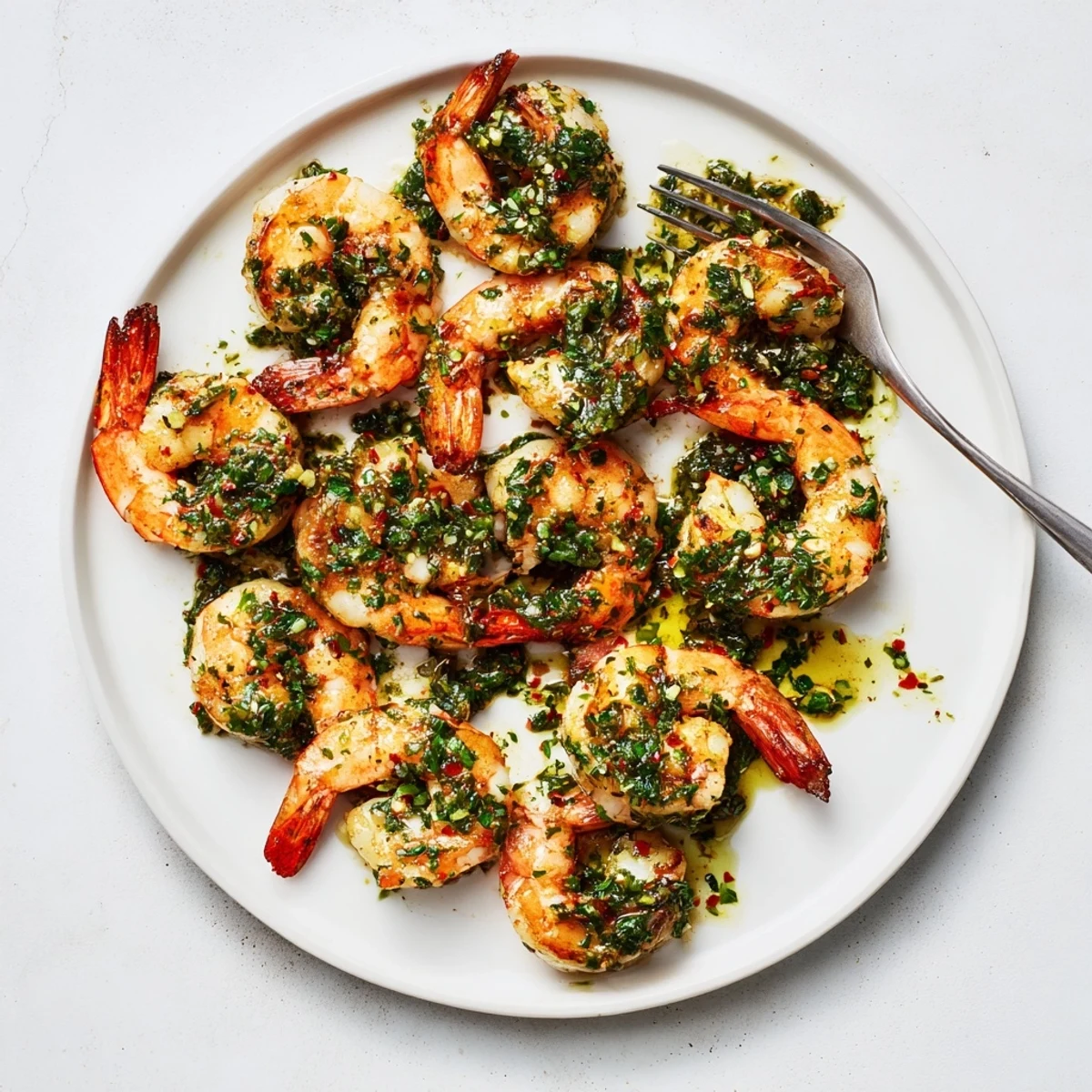 Sizzling skillet of juicy chimichurri shrimp coated in fresh parsley and cilantro sauce