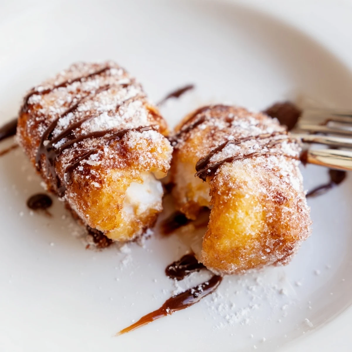 Gooey sweet deep fried marshmallows drizzled with chocolate sauce and caramel for an indulgent dessert party