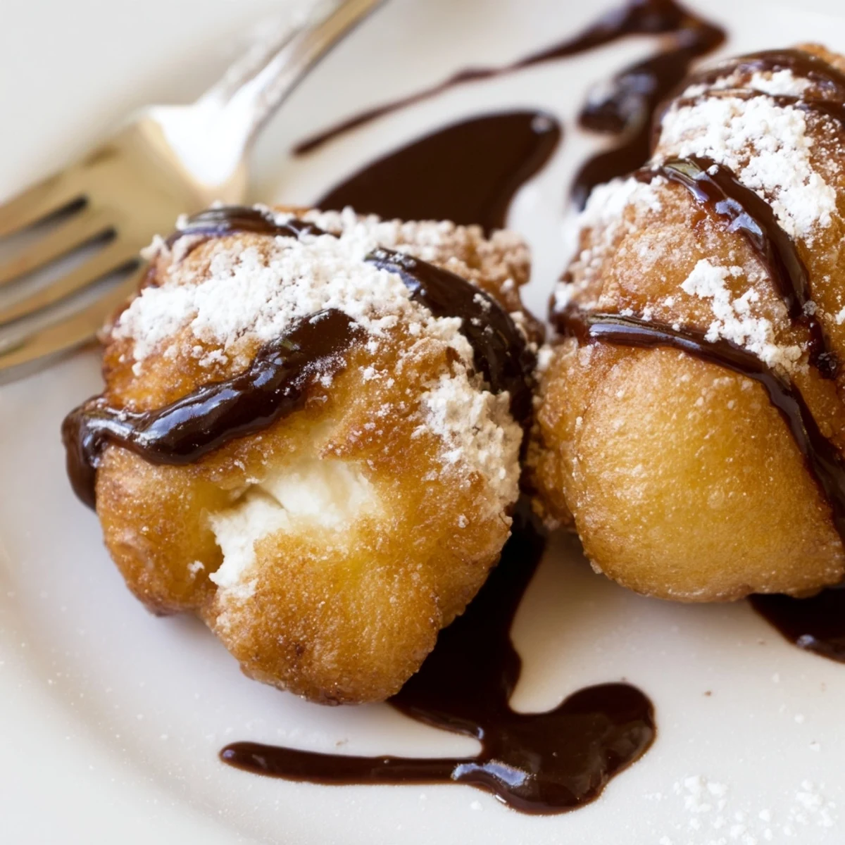 Golden brown deep fried marshmallows with crispy coating dusted in powdered sugar on a white plate