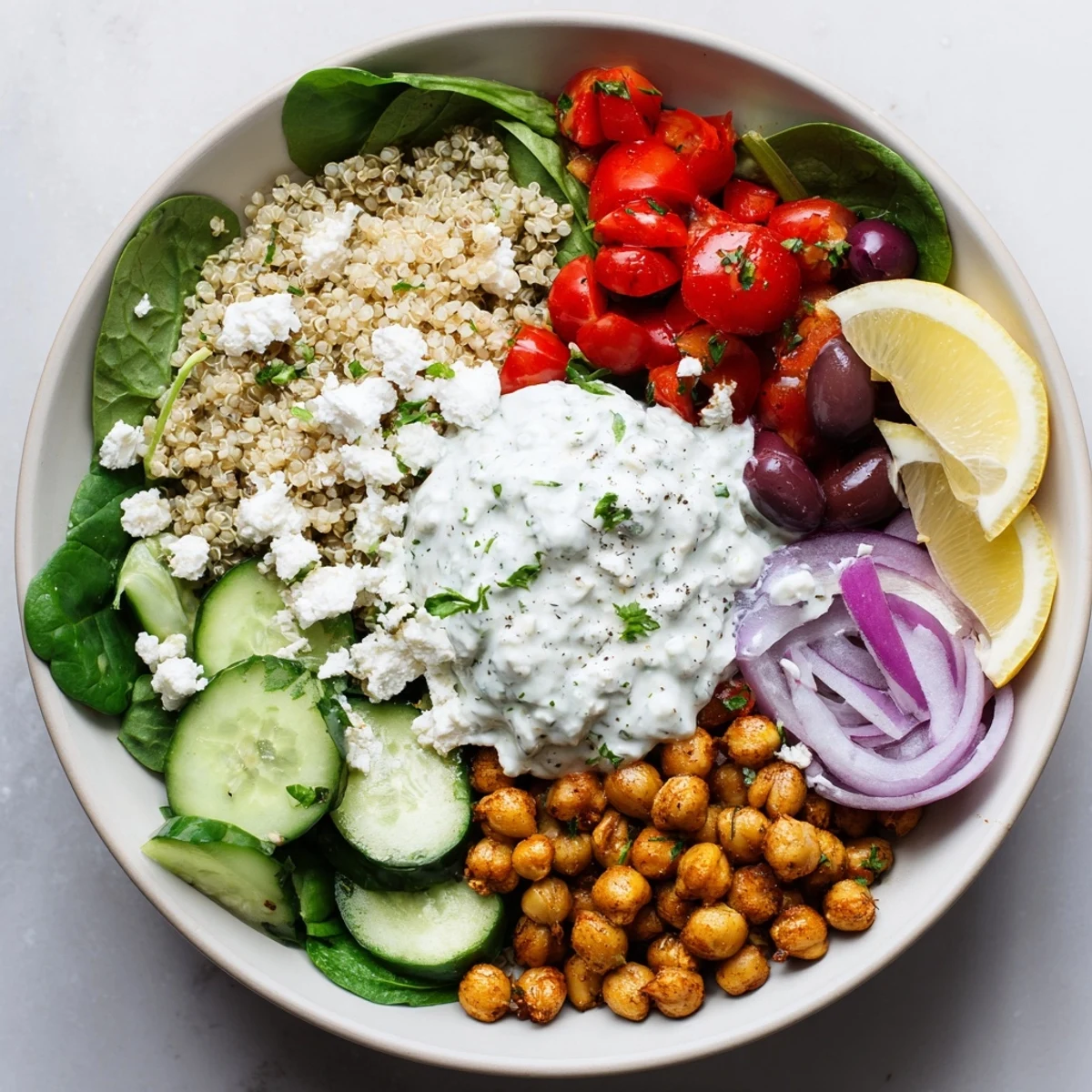 Healthy Greek power bowl featuring quinoa fresh veggies feta cheese and tangy tzatziki dressing