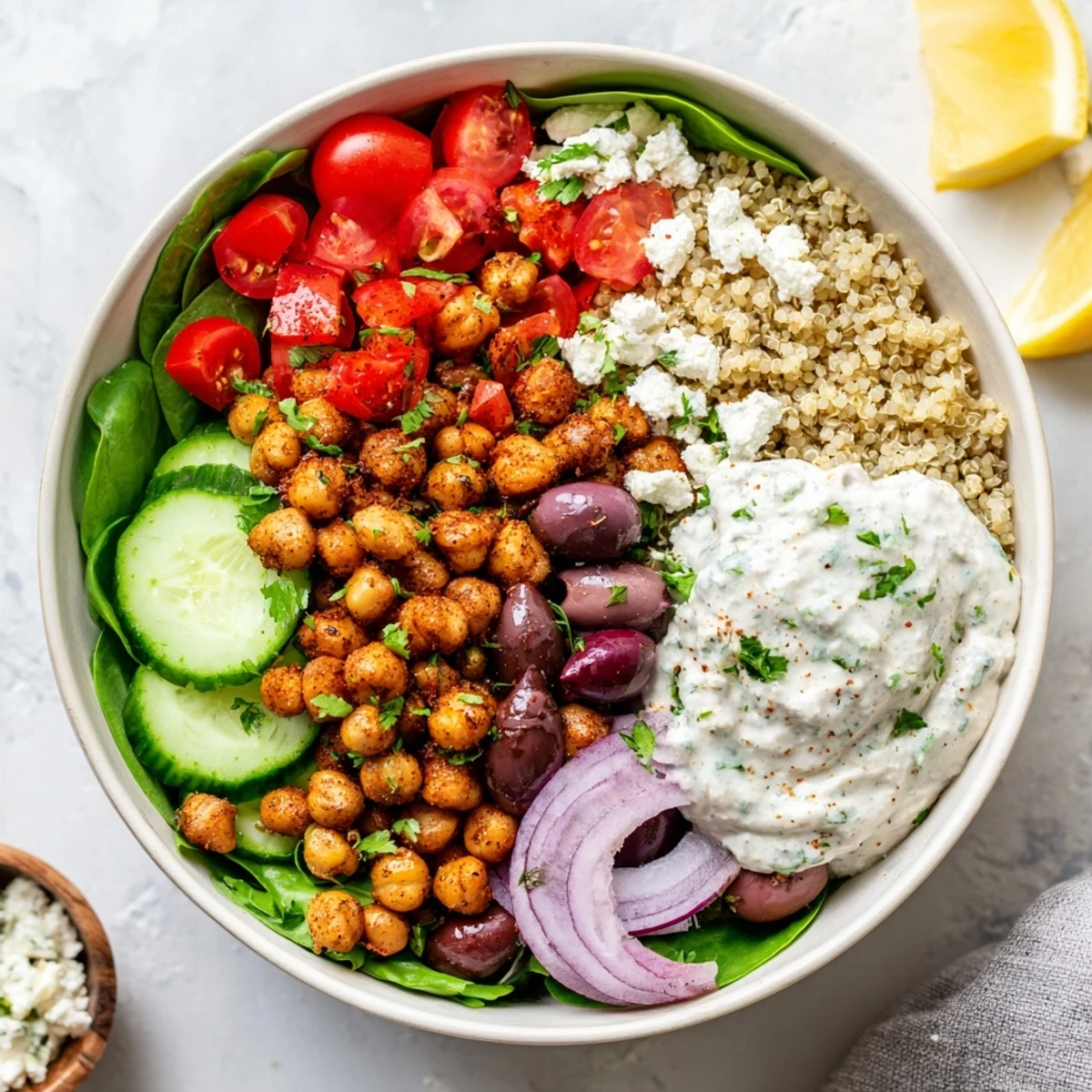 Colorful Greek power bowl arranged with cherry tomatoes cucumber olives and fluffy quinoa base