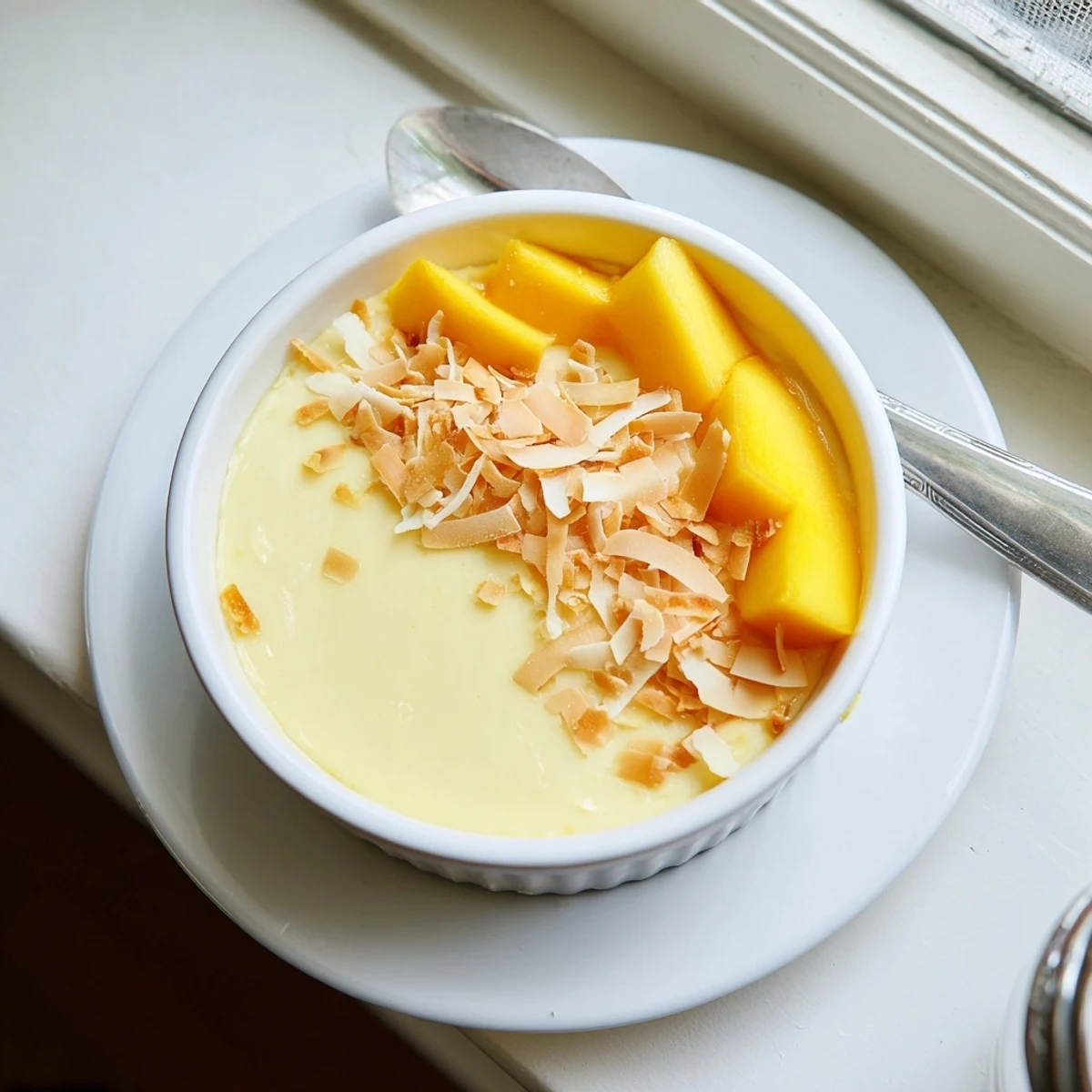 Golden Thai coconut custard steamed in white ramekins with toasted coconut topping