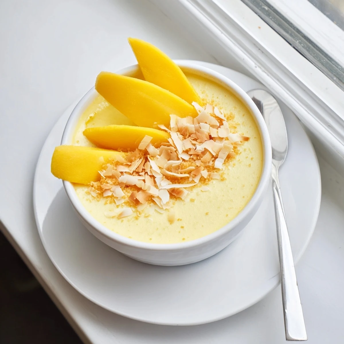 Silky smooth Thai coconut custard topped with fresh mango slices on white plate