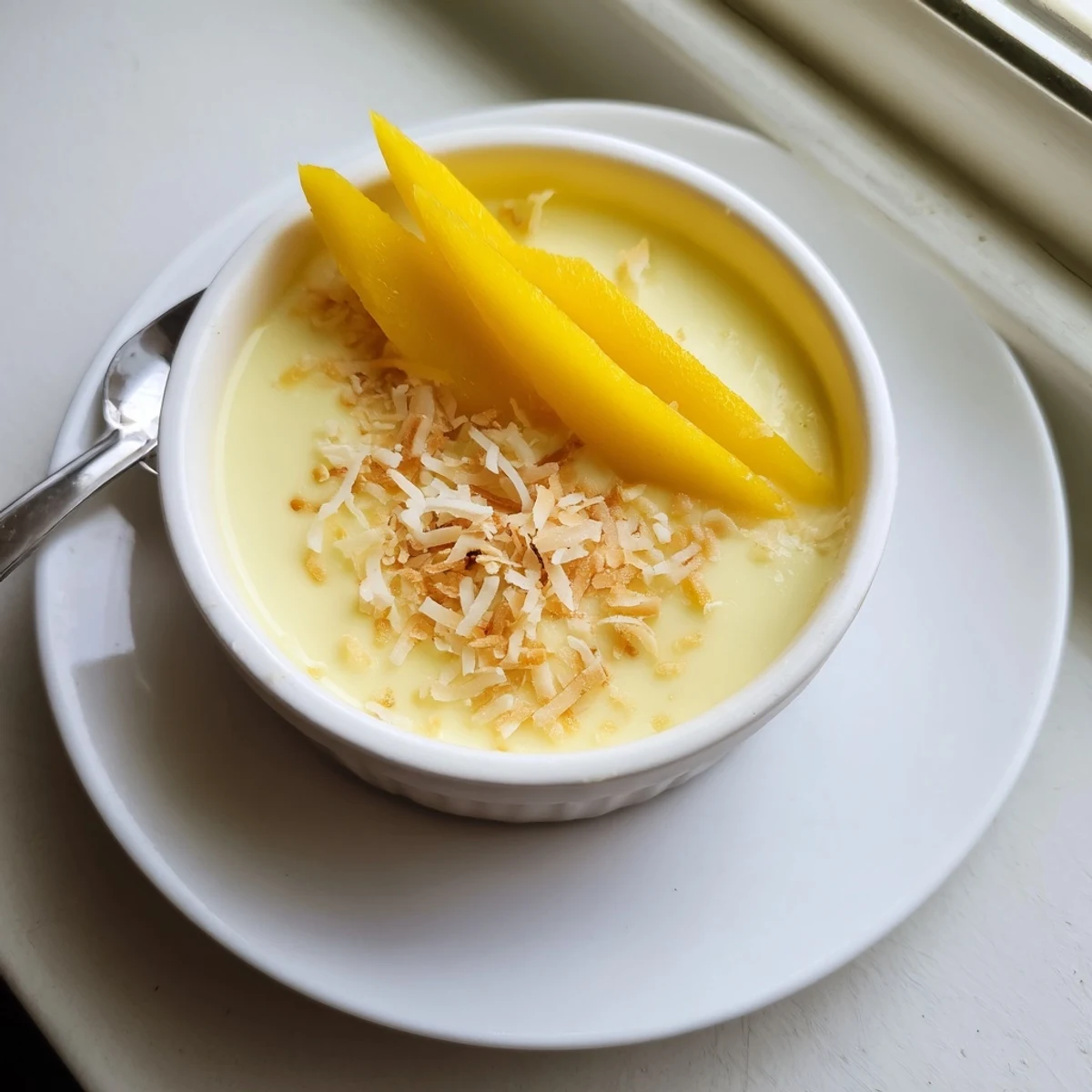Creamy Thai coconut custard in small bowls sprinkled with shredded coconut garnish