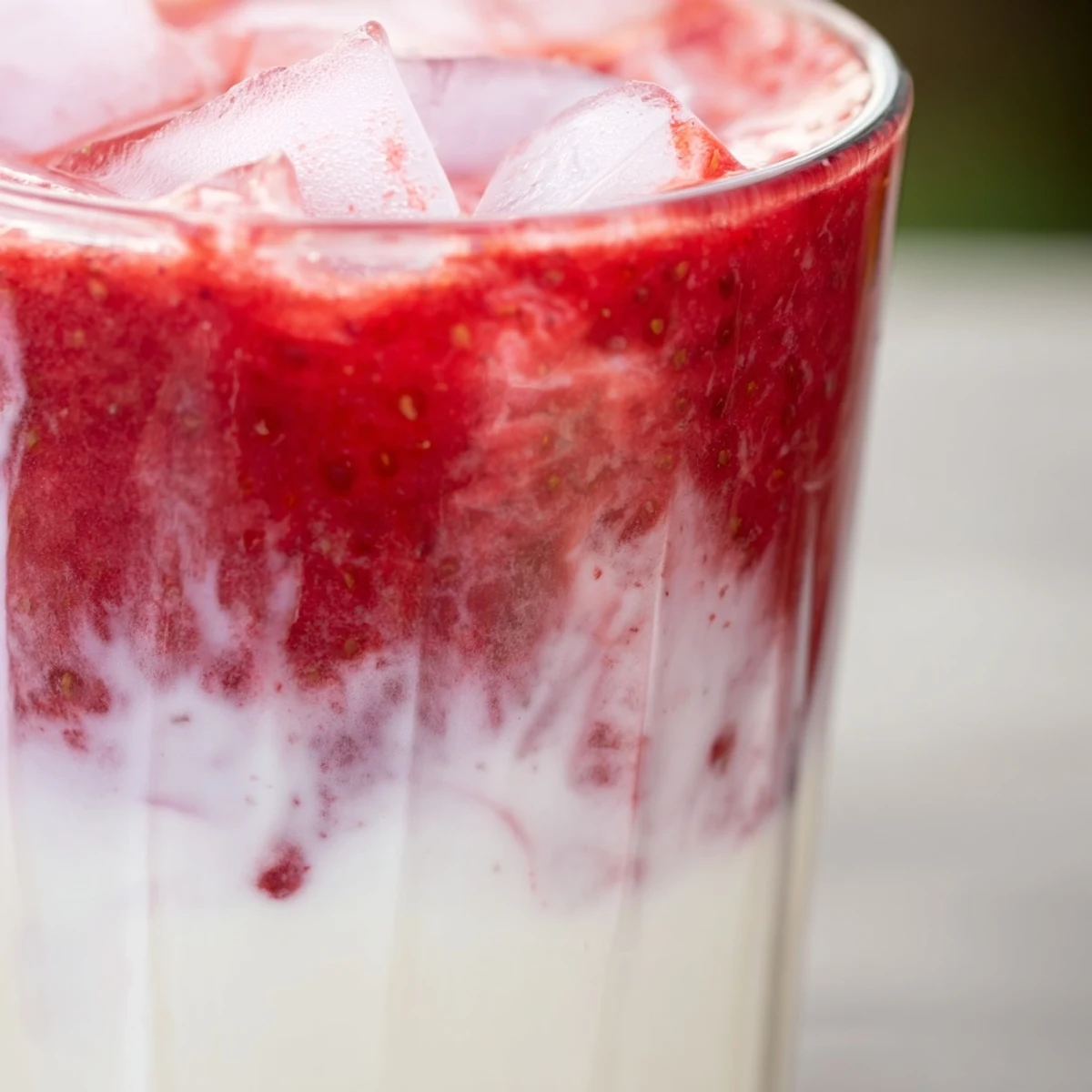 Layered strawberry matcha latte in clear glass showing vibrant pink and green colors