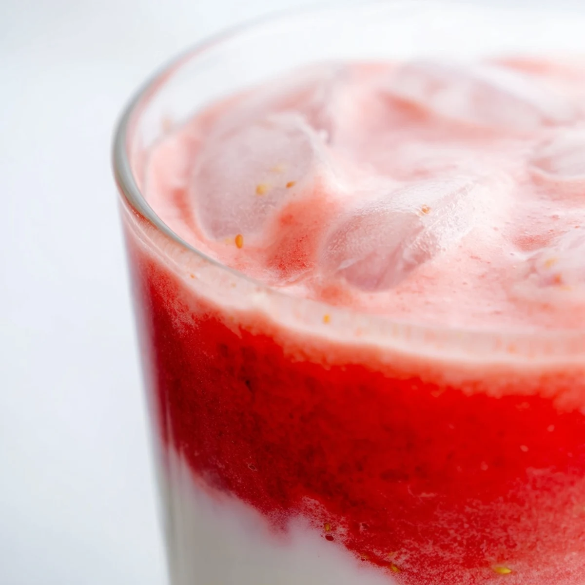 Creamy strawberry matcha latte with ice cubes served on rustic wooden table