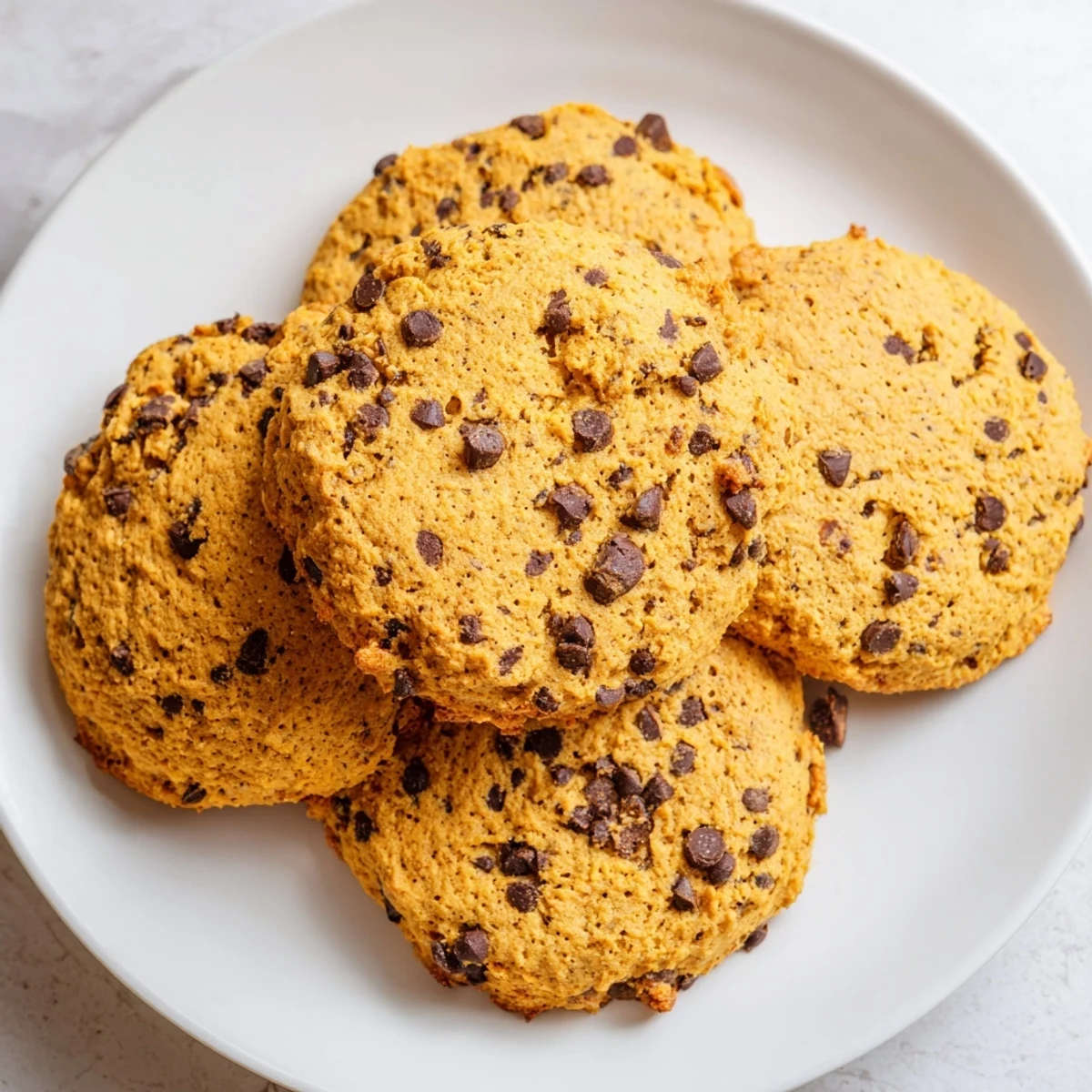 Golden brown soft pumpkin cookies stacked on a white plate, sprinkled with cinnamon