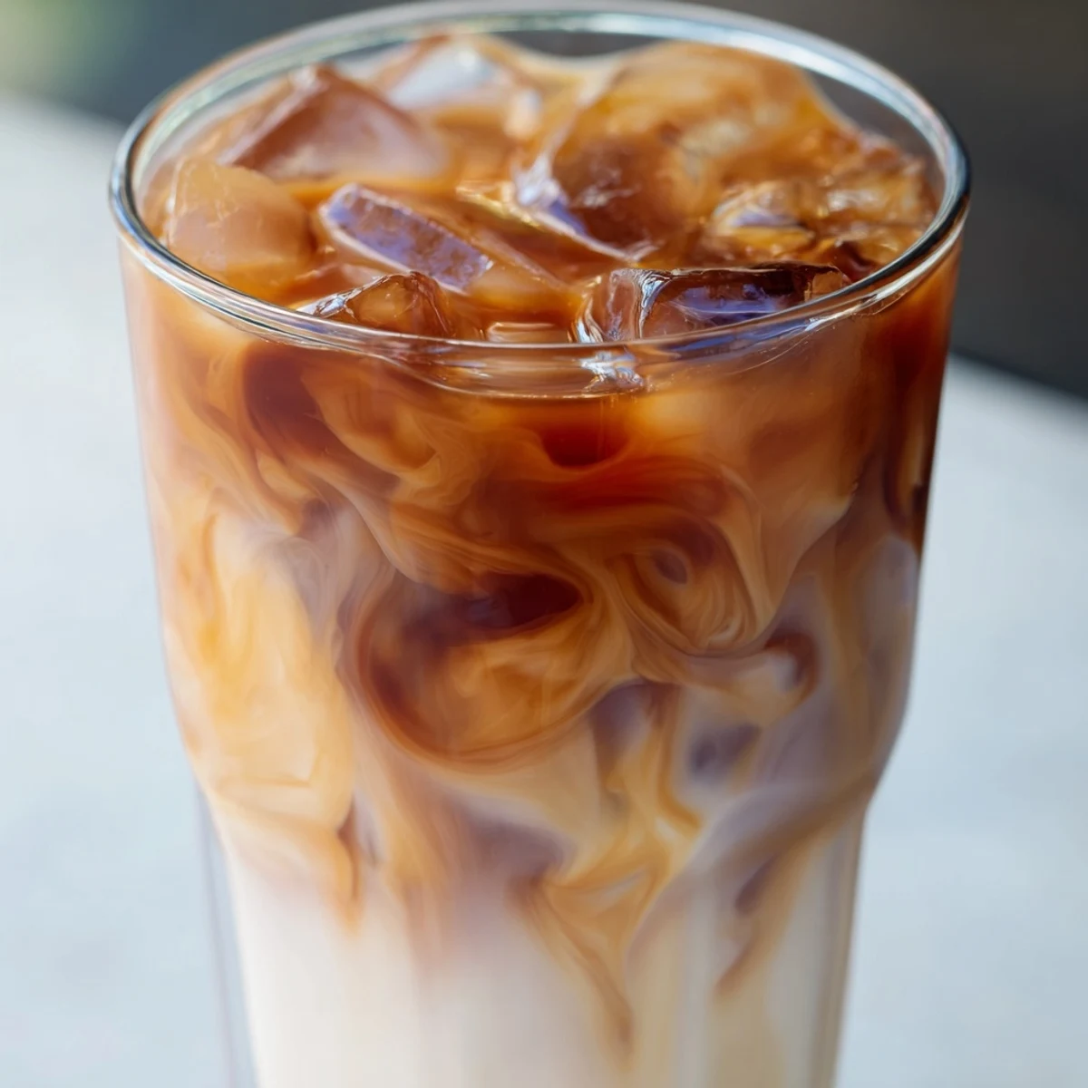 Garnet-colored Okinawa milk tea with swirls of whole milk over clear ice cubes in a tall glass
