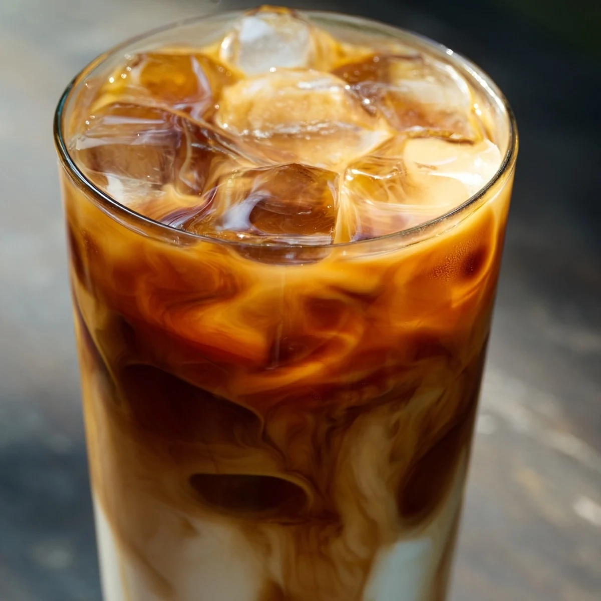 Iced glass of aromatic Okinawa milk tea showing rich amber tea tones blended with creamy white milk