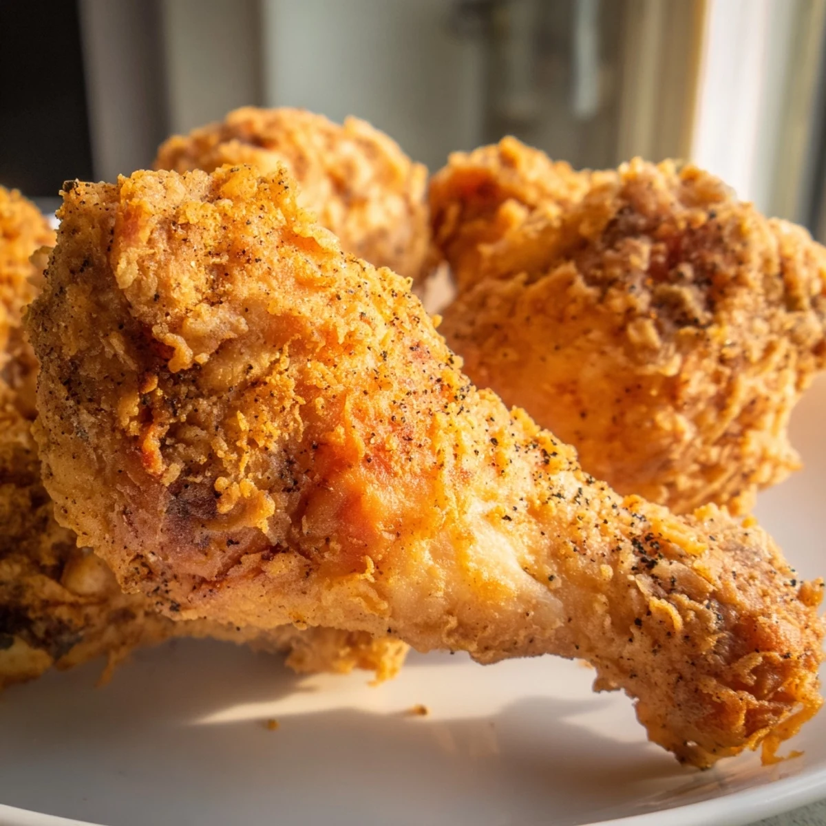 Golden brown crispy Southern fried chicken resting on a wire rack with steam rising