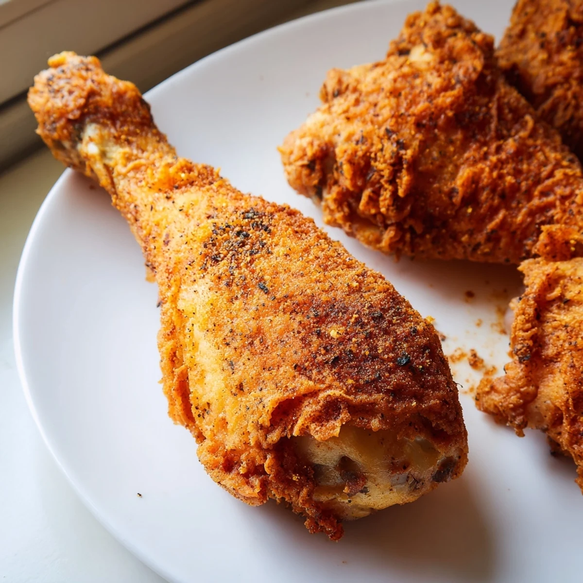 Plate of buttermilk fried chicken pieces with crunchy seasoned coating and juicy meat inside