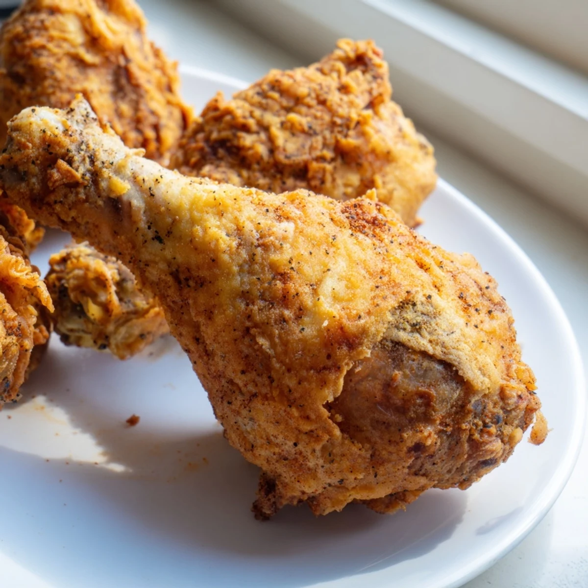 Deep fried chicken drumsticks and thighs with paprika-spiced flour crust on serving platter