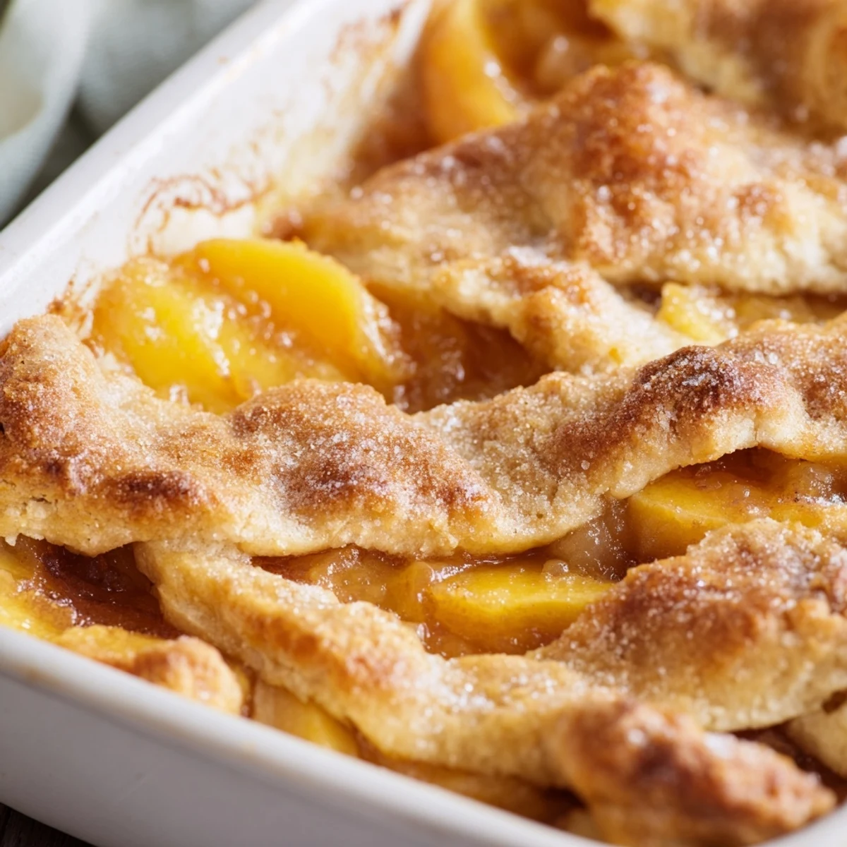 Golden classic peach cobbler with flaky crust bubbling with sweet spiced fruit filling