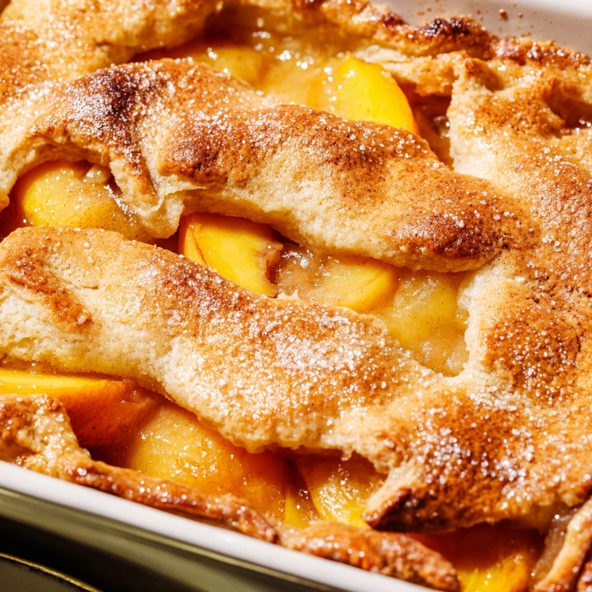 Warm classic peach cobbler fresh from the oven with flaky crust and juicy cinnamon peaches