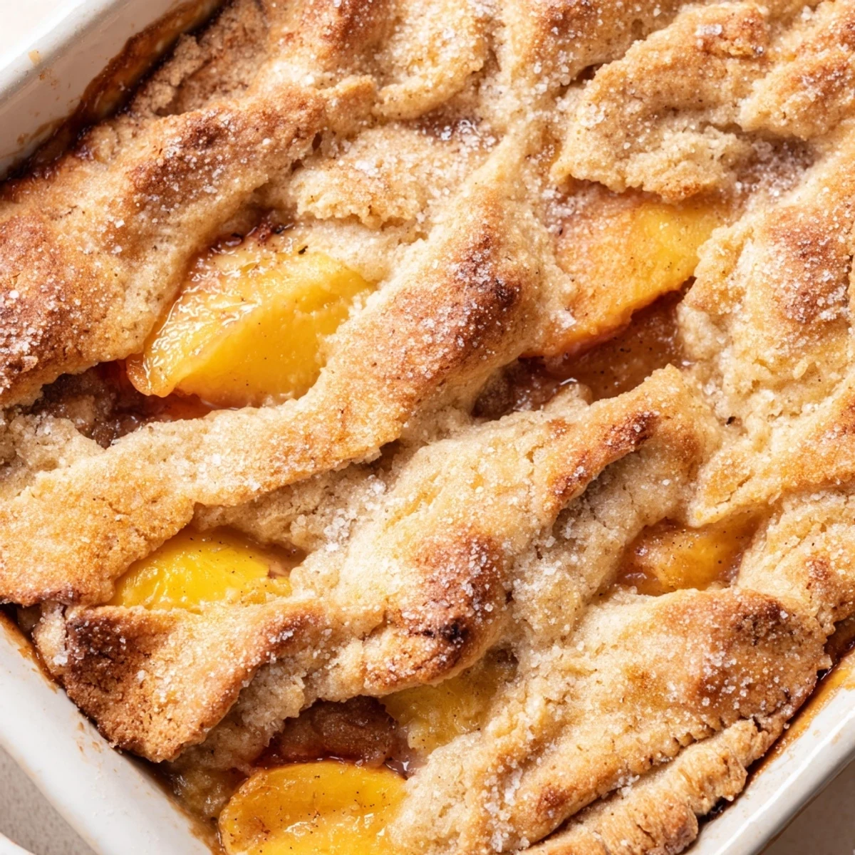 Baked classic peach cobbler featuring tender sliced peaches beneath a buttery golden pastry topping