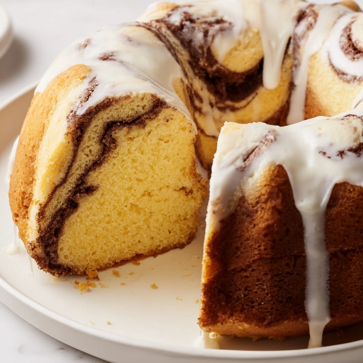 Golden cinnamon roll cake swirled with brown sugar ribbons and topped with creamy vanilla glaze