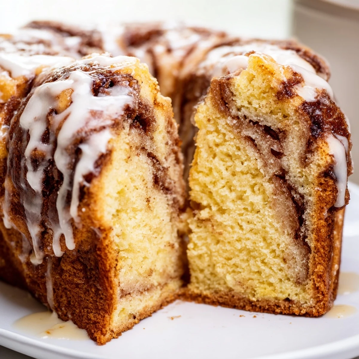 Buttery breakfast cake featuring marbled cinnamon sugar swirls drizzled with sweet white icing